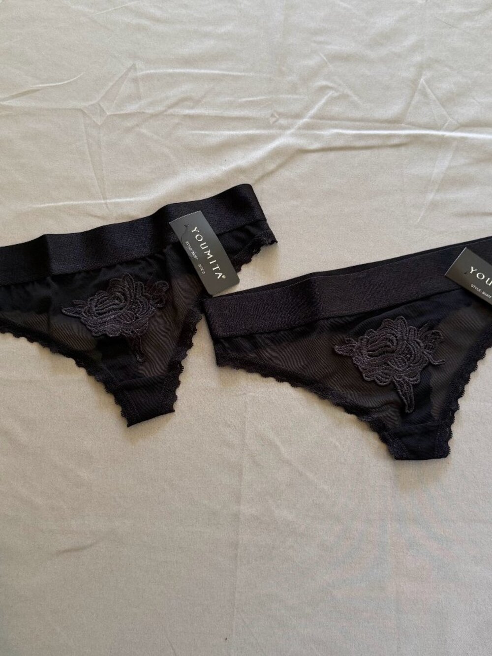 2 Pairs Youmita Woman’s Sheer Embroidered Floral Thong Size Small Black New